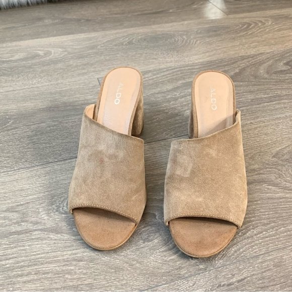 Aldo Suede Aldosina Block Heel Open Toe Mules Tan Size 7.5 - Picture 5 of 16